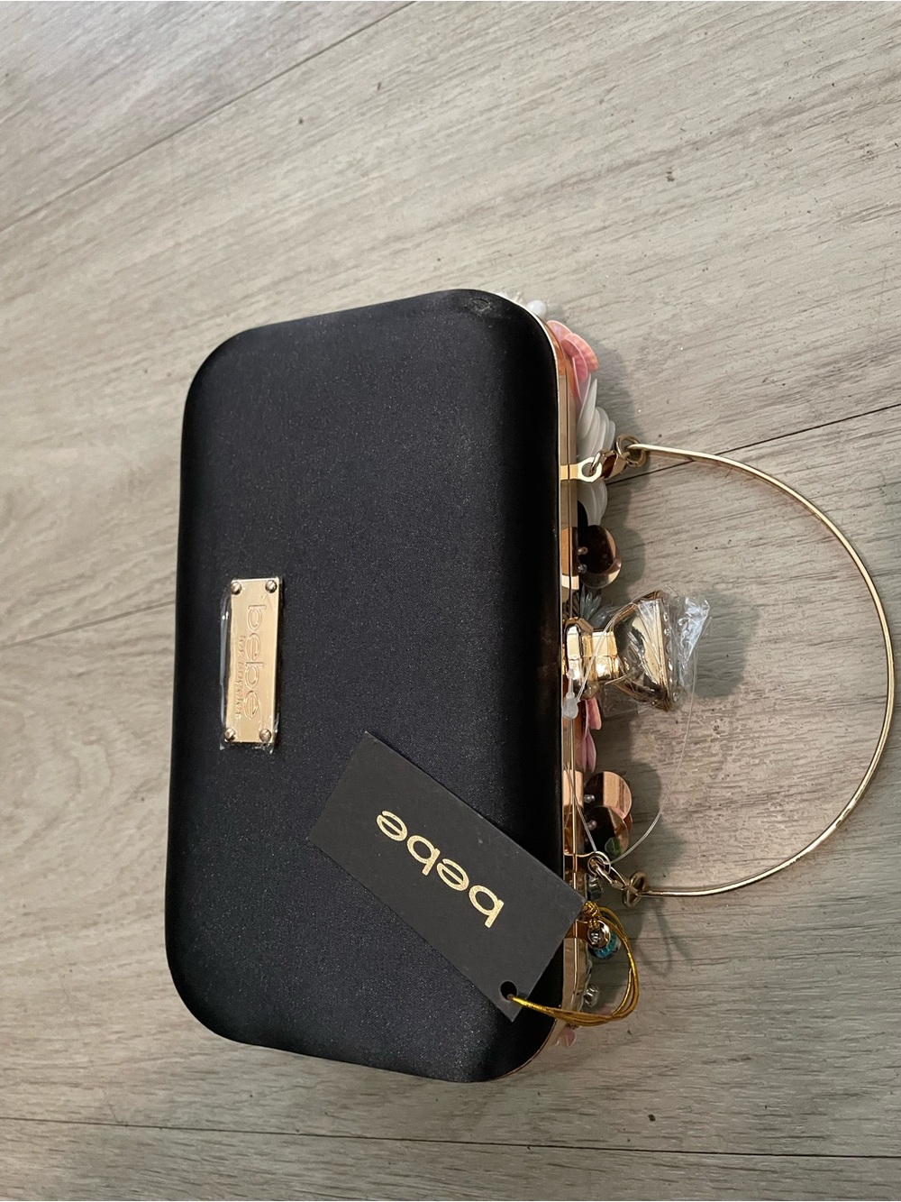bebe Embellished Floral Clutch in Black with Pink & Cream Accents - Picture 2 of 3